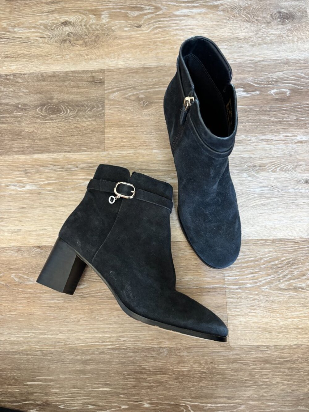 Kate Spade Blaire Classic Black Suede Leather Gold Charm Block Heel Ankle Boots